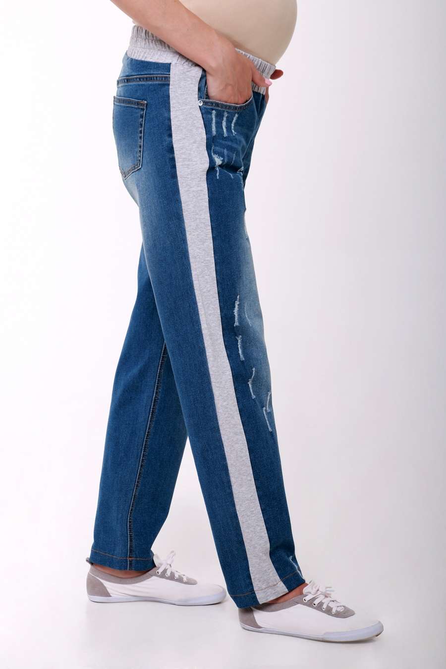 Брюки джинс прямого силуэта с вставками по бокам и эласт поясом светло-синий